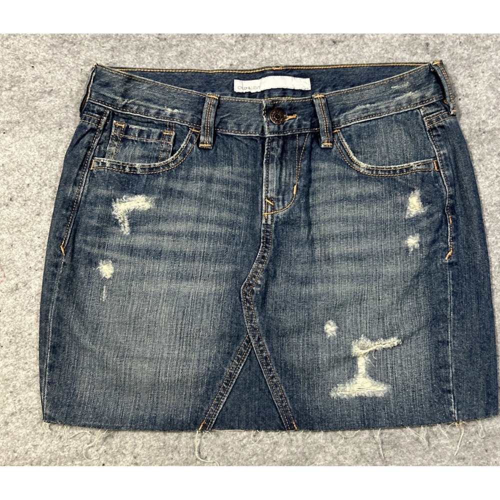 Old Navy Women Distressed Denim Frayed Hem Blue Jean A-Line Mini Skirt Size 4